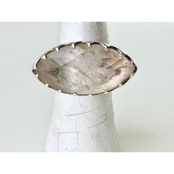 Golden Rutile Quartz Ring Checker Cut Marquis Handmade Fancy Bezel - Picture 4 of 5